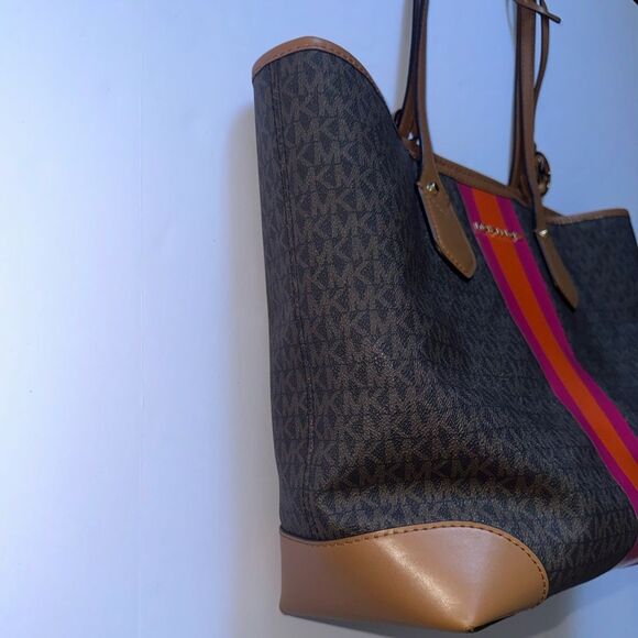 Michael Kors Eva Large Signature Logo Orange & Pink Stripe Tote Bag w/clutch - Picture 11 of 13